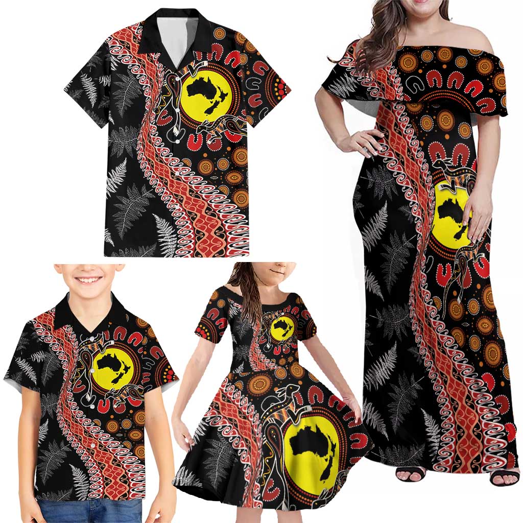 Aotearoa and Australia Family Matching Off Shoulder Maxi Dress and Hawaiian Shirt Maori Koru Ferns With Aboriginal Kangaroo