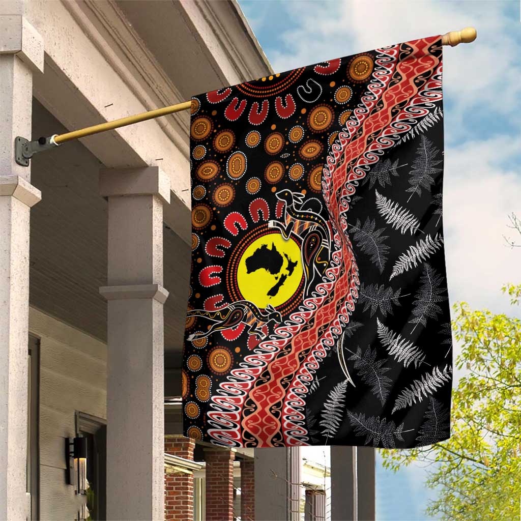 Aotearoa and Australia Garden Flag Maori Koru Ferns With Aboriginal Kangaroo LT03 House Flag Black - Polynesian Pride