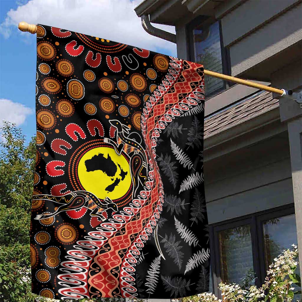 Aotearoa and Australia Garden Flag Maori Koru Ferns With Aboriginal Kangaroo LT03 - Polynesian Pride