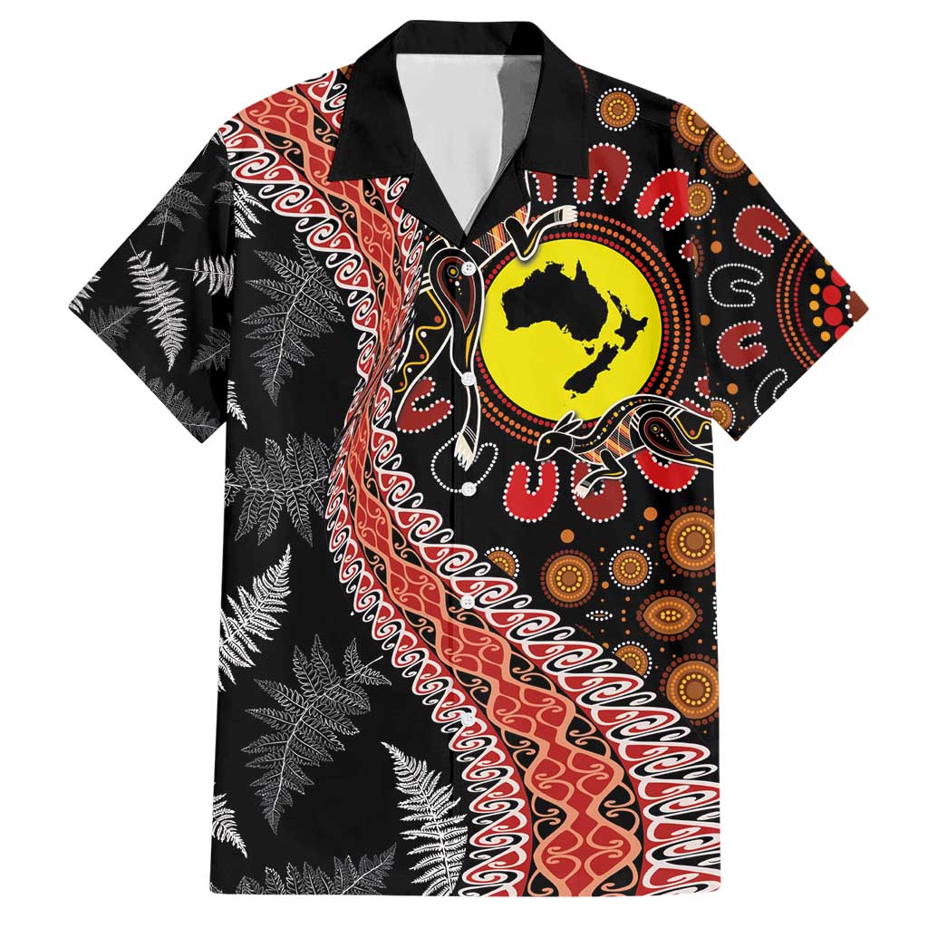 Aotearoa and Australia Hawaiian Shirt Maori Koru Ferns With Aboriginal Kangaroo LT03 Black - Polynesian Pride