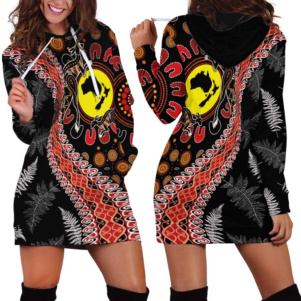 Aotearoa and Australia Hoodie Dress Maori Koru Ferns With Aboriginal Kangaroo LT03 - Polynesian Pride