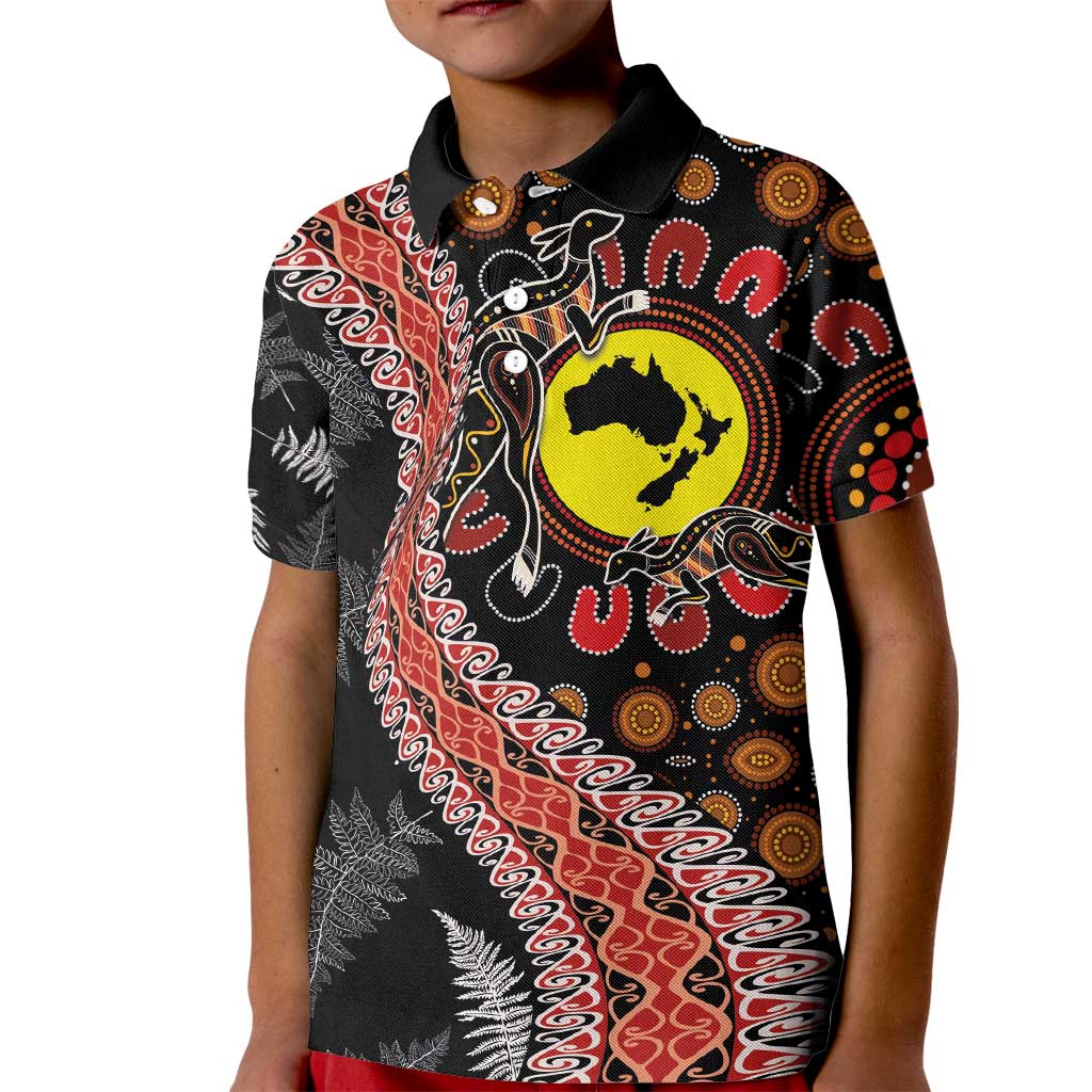 Aotearoa and Australia Kid Polo Shirt Maori Koru Ferns With Aboriginal Kangaroo