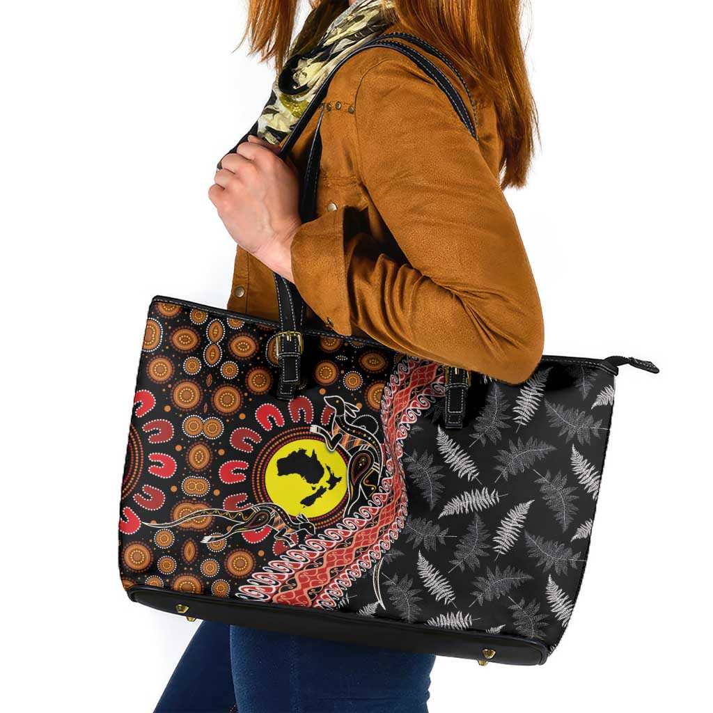 Aotearoa and Australia Leather Tote Bag Maori Koru Ferns With Aboriginal Kangaroo LT03 Black - Polynesian Pride