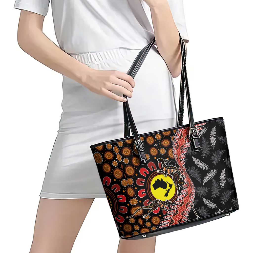 Aotearoa and Australia Leather Tote Bag Maori Koru Ferns With Aboriginal Kangaroo LT03 - Polynesian Pride