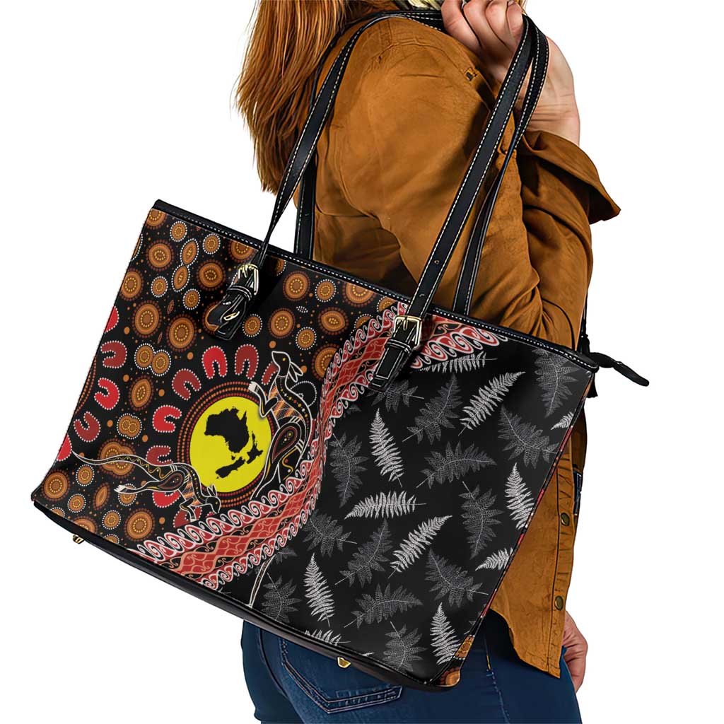 Aotearoa and Australia Leather Tote Bag Maori Koru Ferns With Aboriginal Kangaroo LT03 - Polynesian Pride