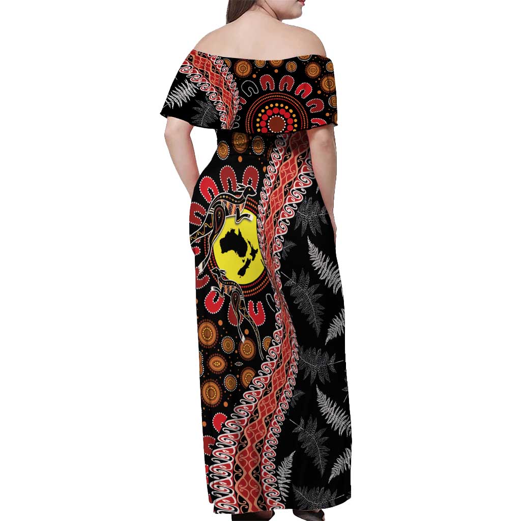 Aotearoa and Australia Off Shoulder Maxi Dress Maori Koru Ferns With Aboriginal Kangaroo LT03 - Polynesian Pride