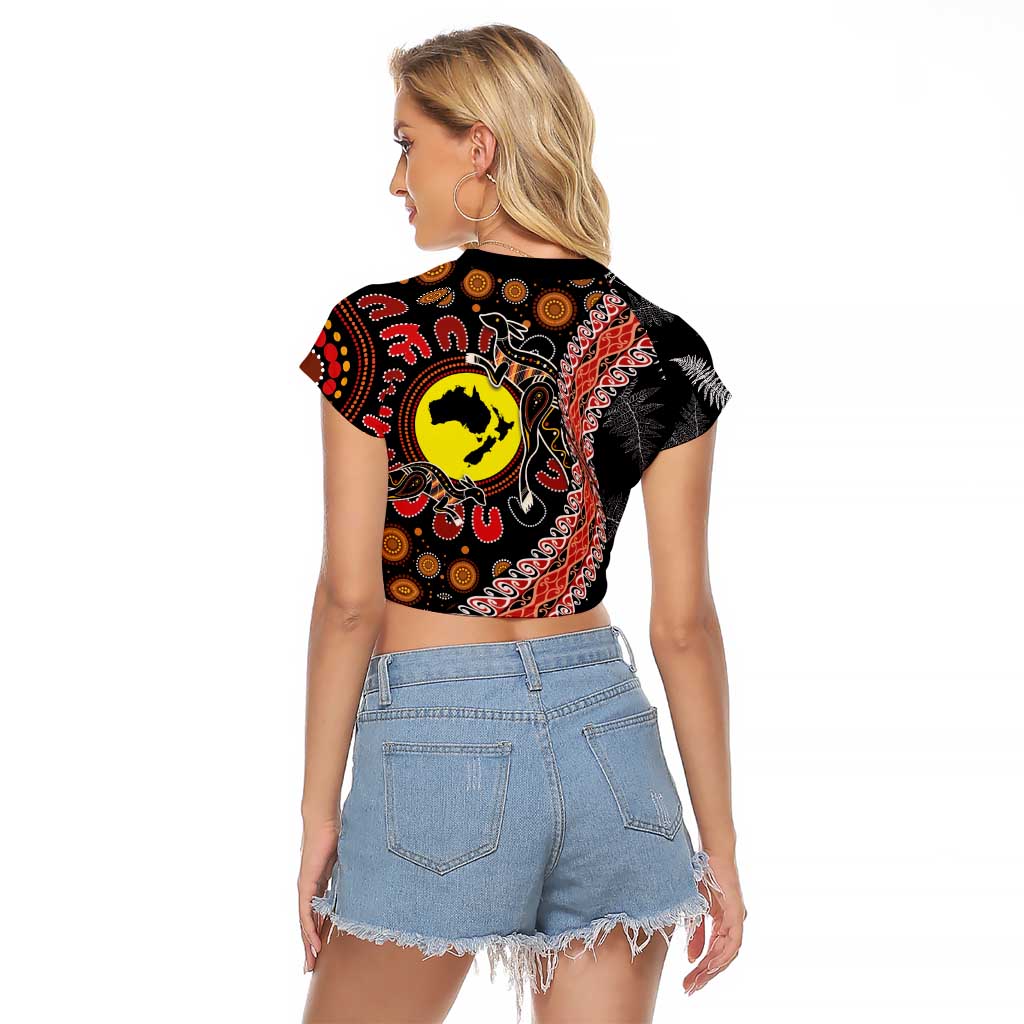 Aotearoa and Australia Raglan Cropped T Shirt Maori Koru Ferns With Aboriginal Kangaroo LT03 - Polynesian Pride