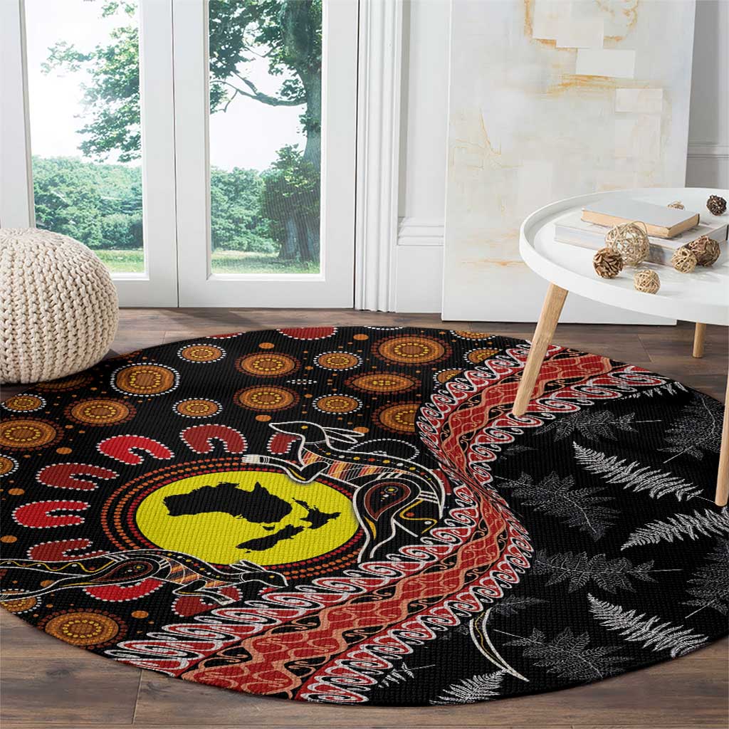Aotearoa and Australia Round Carpet Maori Koru Ferns With Aboriginal Kangaroo