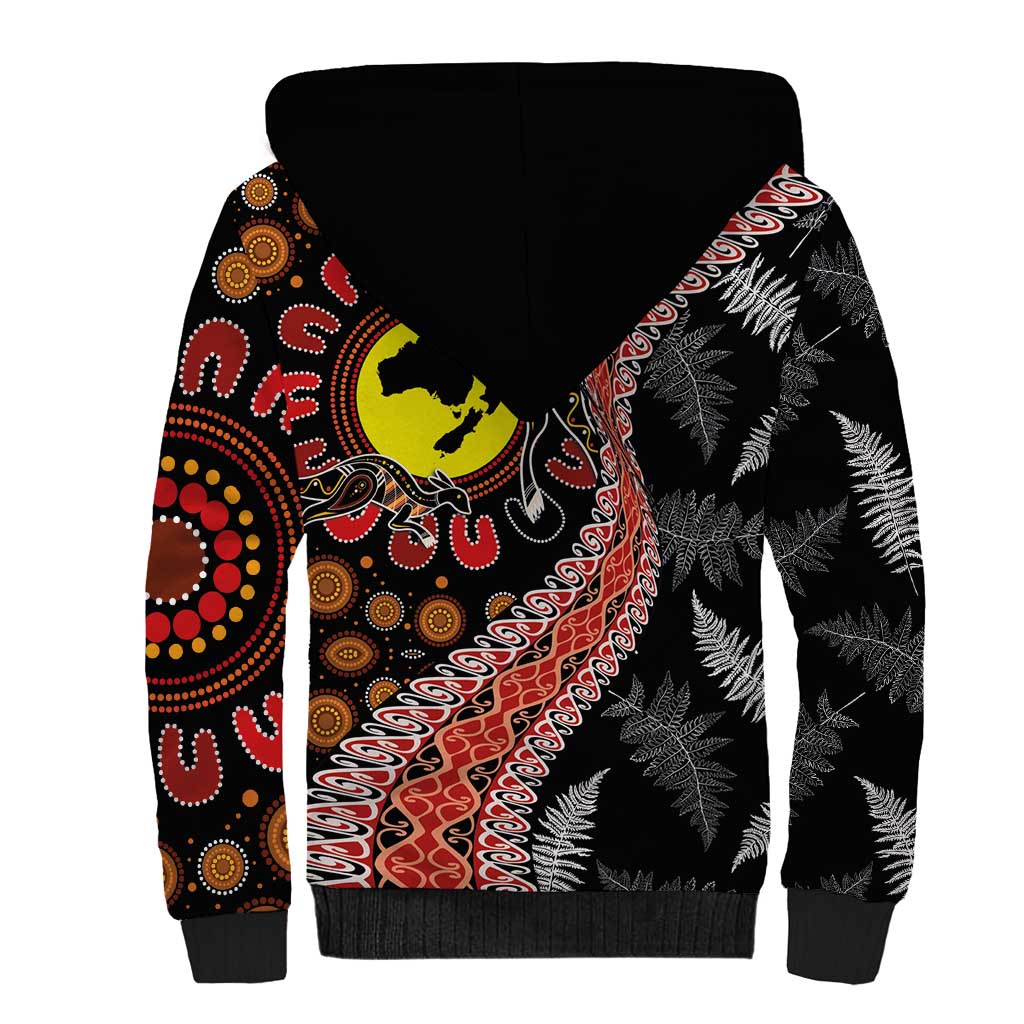 Aotearoa and Australia Sherpa Hoodie Maori Koru Ferns With Aboriginal Kangaroo LT03 - Polynesian Pride