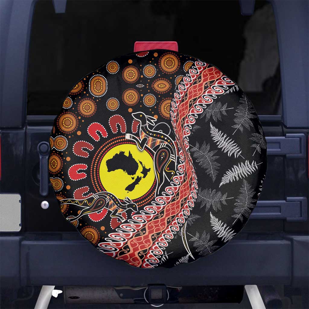 Aotearoa and Australia Spare Tire Cover Maori Koru Ferns With Aboriginal Kangaroo LT03 - Polynesian Pride