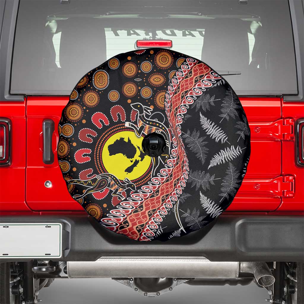 Aotearoa and Australia Spare Tire Cover Maori Koru Ferns With Aboriginal Kangaroo LT03 - Polynesian Pride