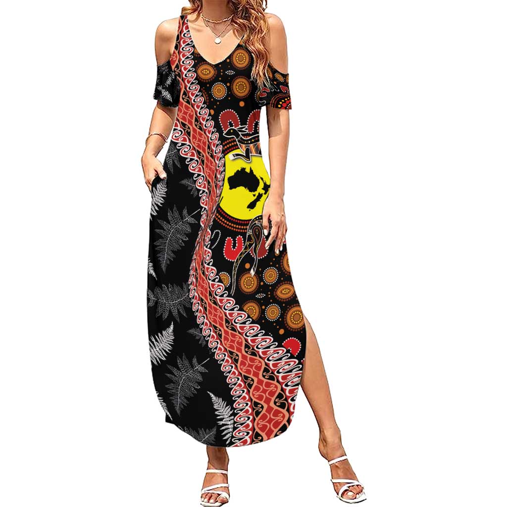 Aotearoa and Australia Summer Maxi Dress Maori Koru Ferns With Aboriginal Kangaroo LT03 Women Black - Polynesian Pride