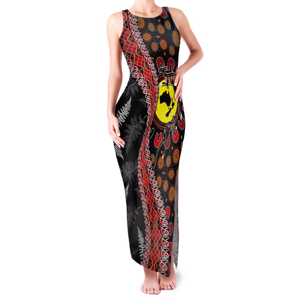 Aotearoa and Australia Tank Maxi Dress Maori Koru Ferns With Aboriginal Kangaroo LT03 Women Black - Polynesian Pride