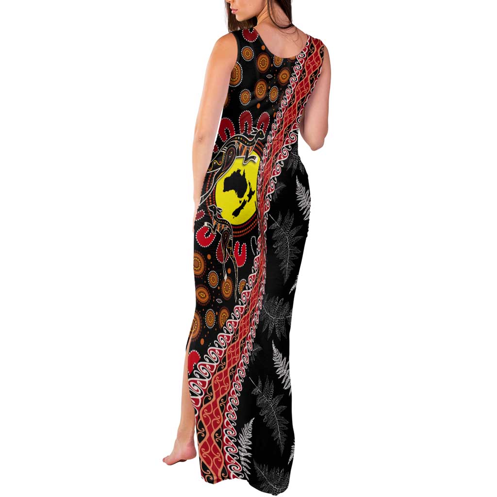 Aotearoa and Australia Tank Maxi Dress Maori Koru Ferns With Aboriginal Kangaroo LT03 - Polynesian Pride