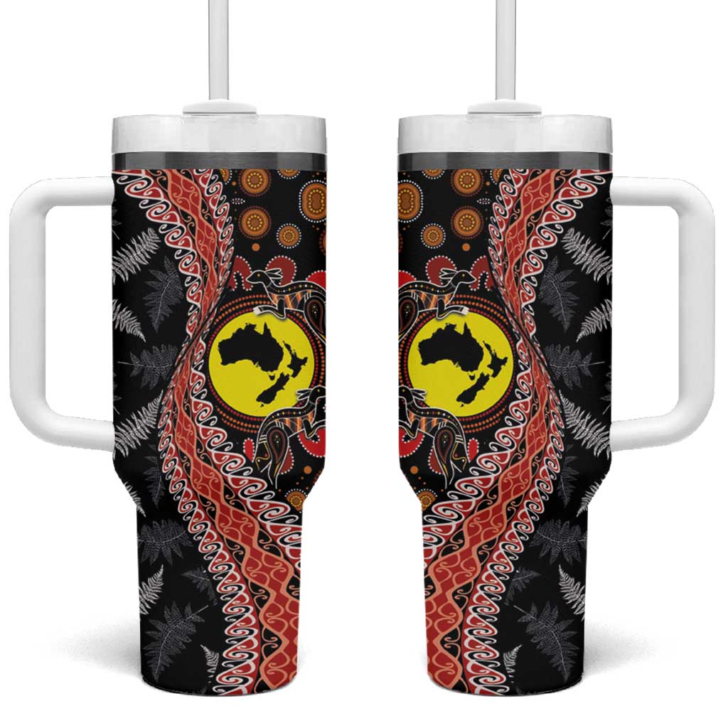 Aotearoa and Australia Tumbler With Handle Maori Koru Ferns With Aboriginal Kangaroo LT03 One Size: 40 oz Black - Polynesian Pride
