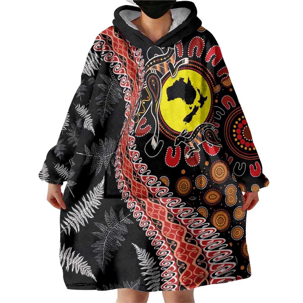Aotearoa and Australia Wearable Blanket Hoodie Maori Koru Ferns With Aboriginal Kangaroo LT03 - Polynesian Pride