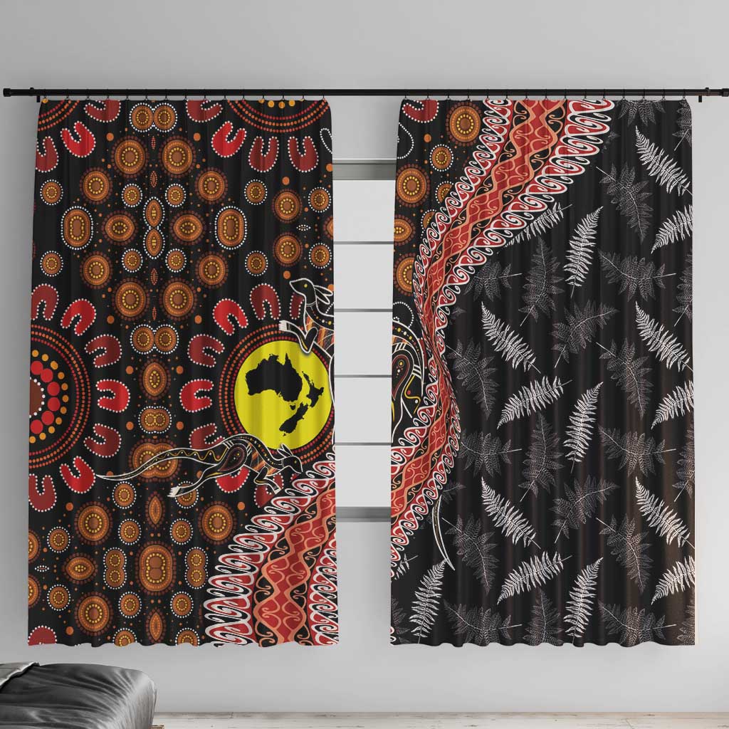 Aotearoa and Australia Window Curtain Maori Koru Ferns With Aboriginal Kangaroo LT03 With Hooks Black - Polynesian Pride