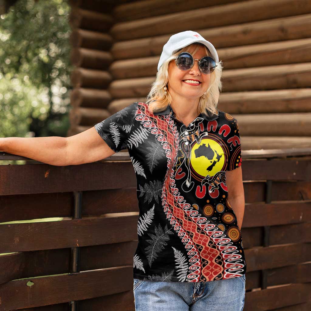 Aotearoa and Australia Women Polo Shirt Maori Koru Ferns With Aboriginal Kangaroo