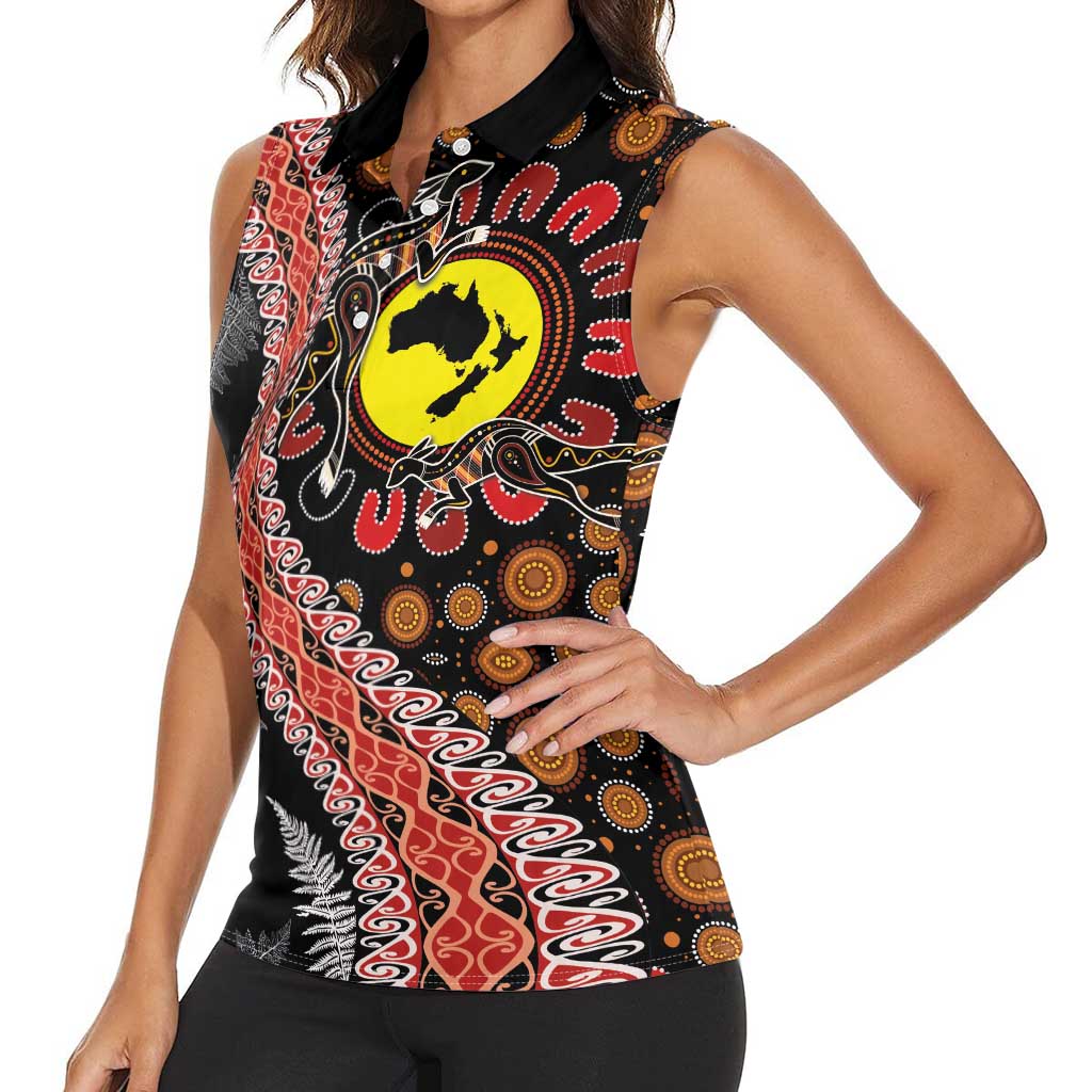 Aotearoa and Australia Women Sleeveless Polo Shirt Maori Koru Ferns With Aboriginal Kangaroo