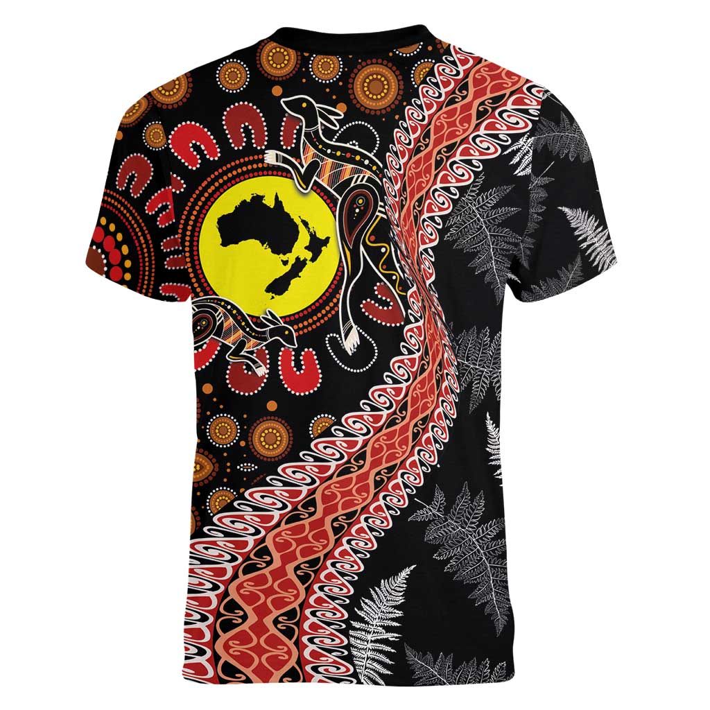 Aotearoa and Australia Women V-Neck T-Shirt Maori Koru Ferns With Aboriginal Kangaroo LT03 - Polynesian Pride