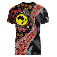 Aotearoa and Australia Women V-Neck T-Shirt Maori Koru Ferns With Aboriginal Kangaroo LT03 - Polynesian Pride