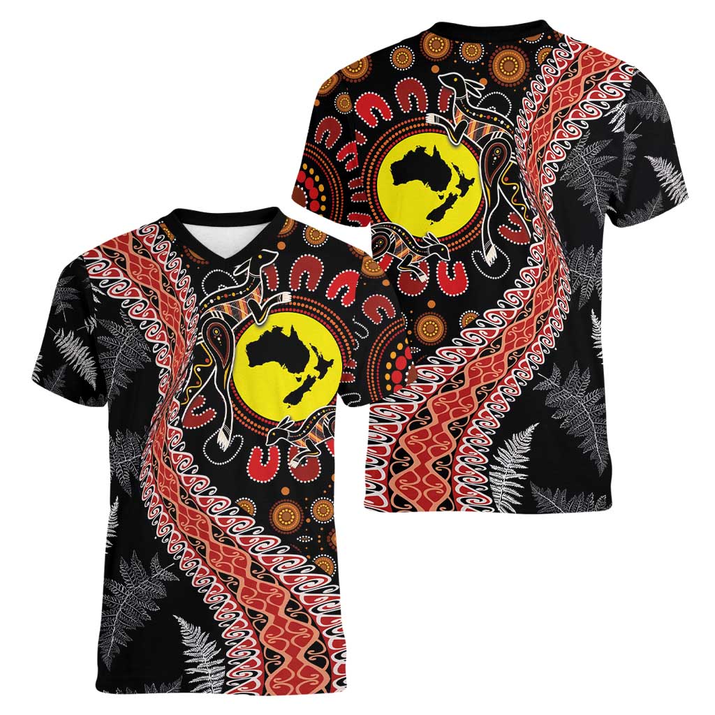 Aotearoa and Australia Women V-Neck T-Shirt Maori Koru Ferns With Aboriginal Kangaroo LT03 - Polynesian Pride