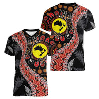 Aotearoa and Australia Women V-Neck T-Shirt Maori Koru Ferns With Aboriginal Kangaroo LT03 - Polynesian Pride