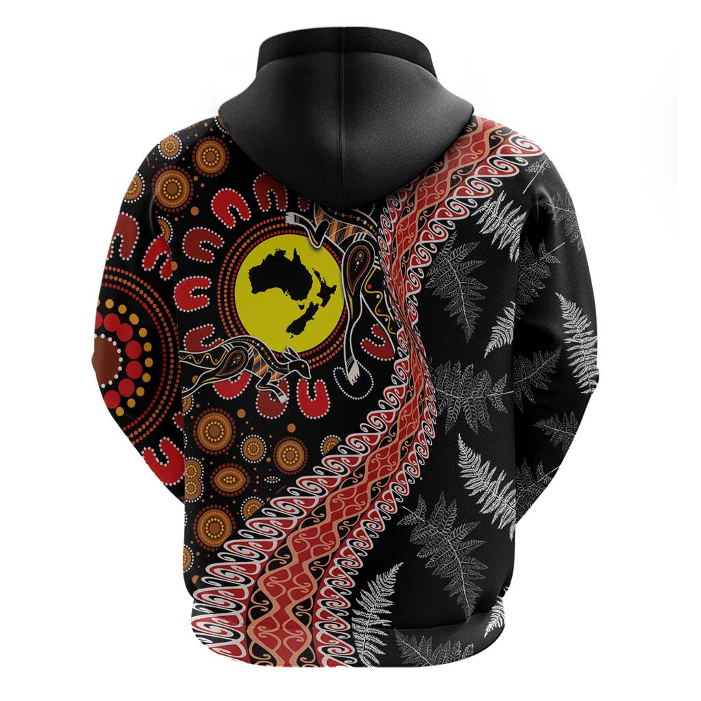 Aotearoa and Australia Zip Hoodie Maori Koru Ferns With Aboriginal Kangaroo