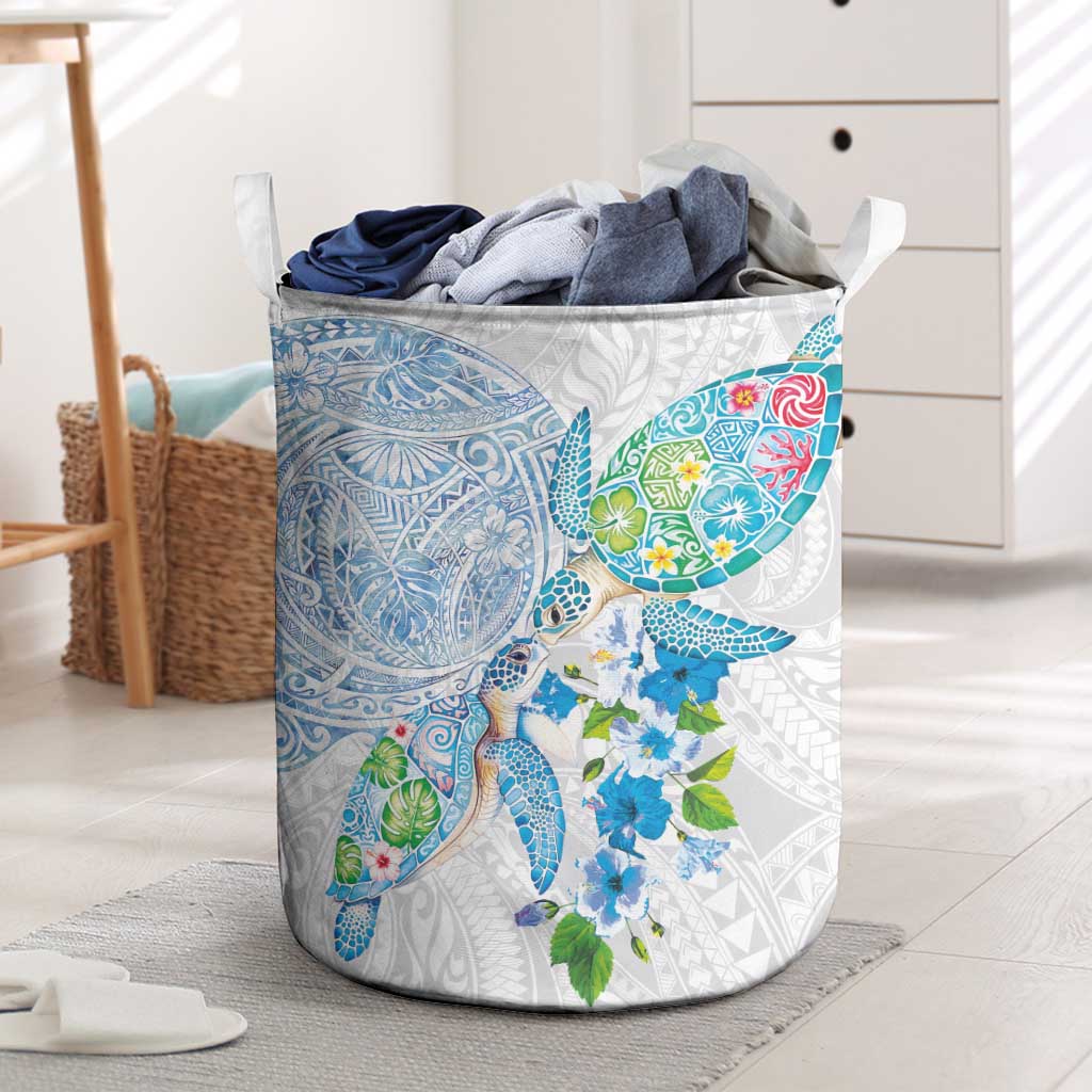 Hawaiian Couple Turtles Honi Laundry Basket Polynesian Art Motifs and Hibiscus White Blue Color - Polynesian Pride
