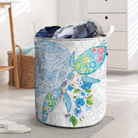 Hawaiian Couple Turtles Honi Laundry Basket Polynesian Art Motifs and Hibiscus White Blue Color - Polynesian Pride