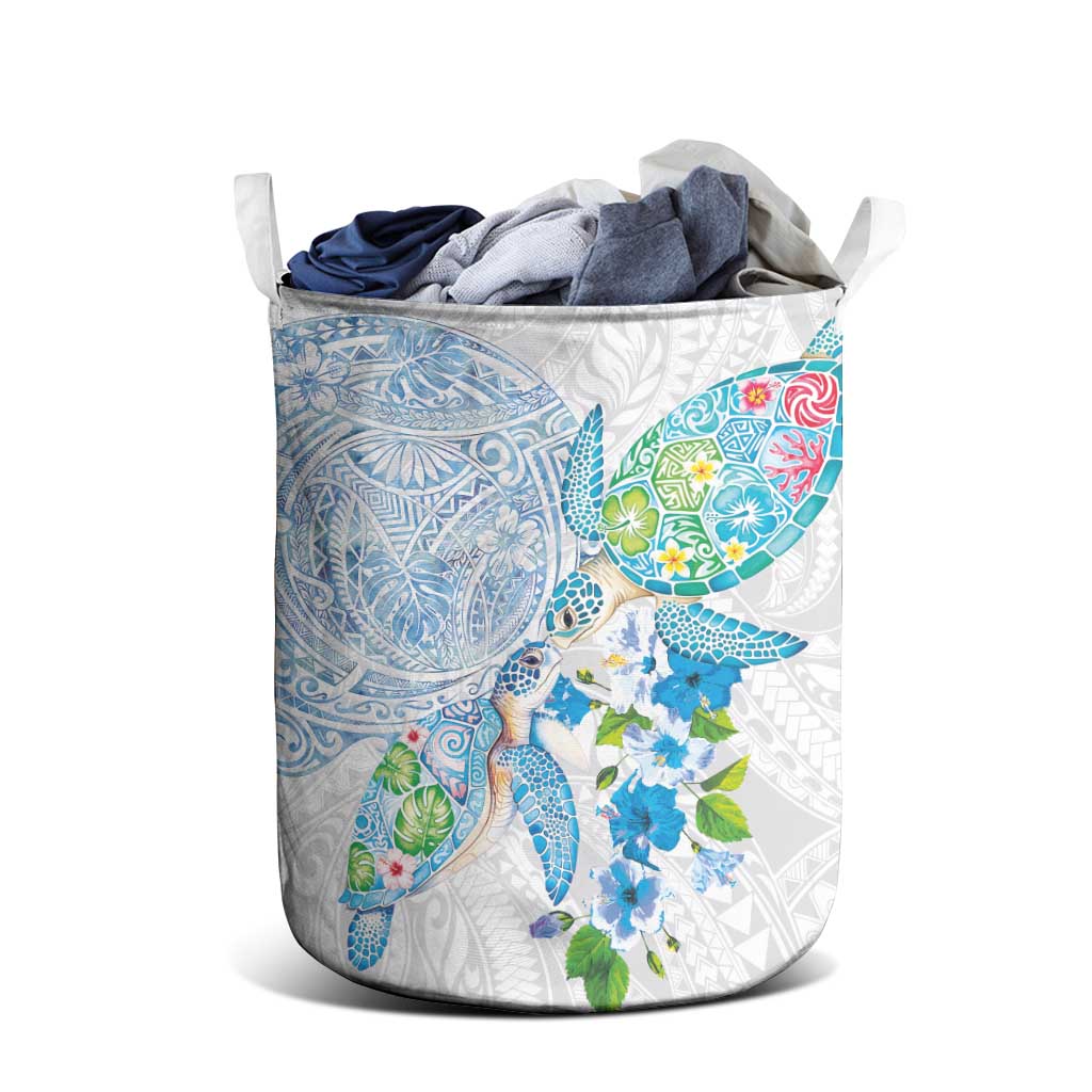 Hawaiian Couple Turtles Honi Laundry Basket Polynesian Art Motifs and Hibiscus White Blue Color - Polynesian Pride