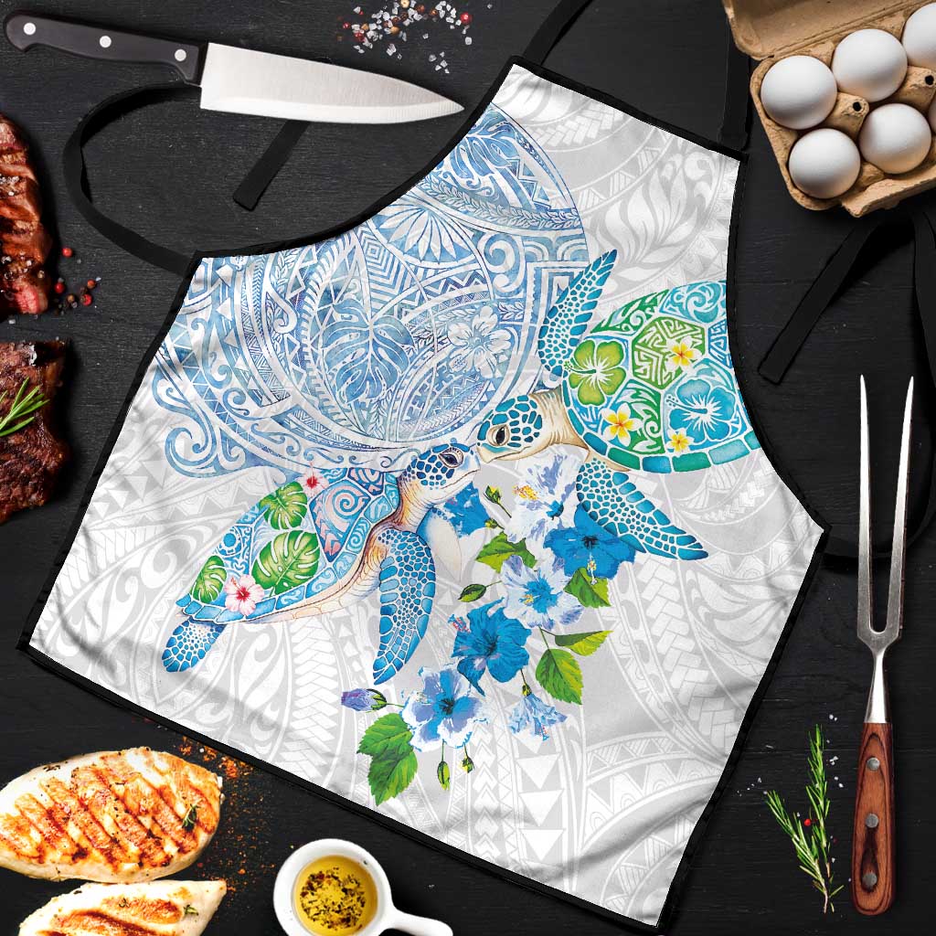 Hawaiian Couple Turtles Honi Apron Polynesian Art Motifs and Hibiscus White Blue Color - Polynesian Pride