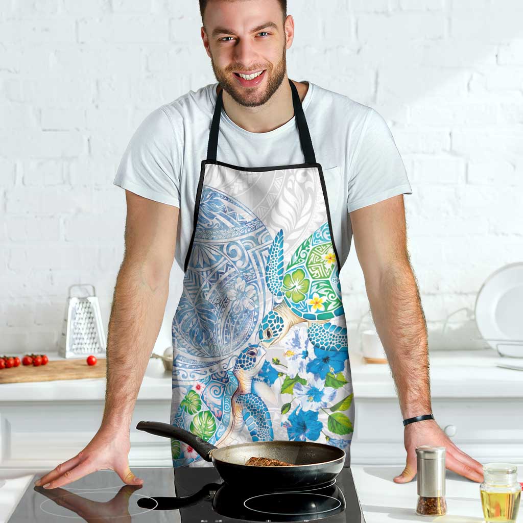Hawaiian Couple Turtles Honi Apron Polynesian Art Motifs and Hibiscus White Blue Color - Polynesian Pride