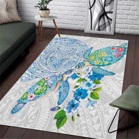 Hawaiian Couple Turtles Honi Area Rug Polynesian Art Motifs and Hibiscus White Blue Color - Polynesian Pride