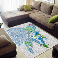 Hawaiian Couple Turtles Honi Area Rug Polynesian Art Motifs and Hibiscus White Blue Color - Polynesian Pride