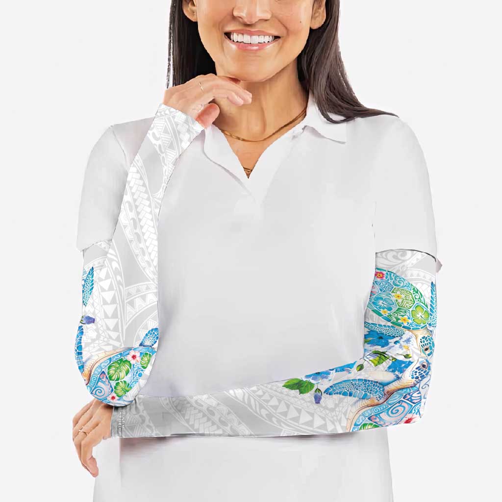 Hawaiian Couple Turtles Honi Arm Sleeves Polynesian Art Motifs and Hibiscus White Blue Color - Polynesian Pride