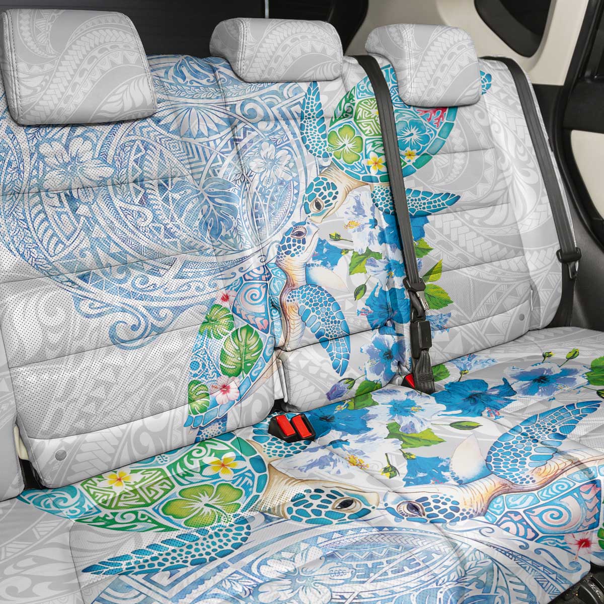 Hawaiian Couple Turtles Honi Back Car Seat Cover Polynesian Art Motifs and Hibiscus White Blue Color - Polynesian Pride