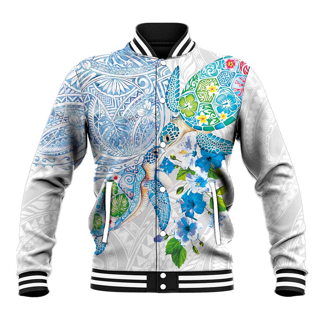 Hawaiian Couple Turtles Honi Baseball Jacket Polynesian Art Motifs and Hibiscus White Blue Color - Polynesian Pride