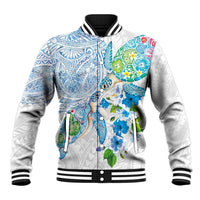 Hawaiian Couple Turtles Honi Baseball Jacket Polynesian Art Motifs and Hibiscus White Blue Color - Polynesian Pride