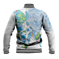 Hawaiian Couple Turtles Honi Baseball Jacket Polynesian Art Motifs and Hibiscus White Blue Color - Polynesian Pride