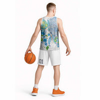Hawaiian Couple Turtles Honi Basketball Jersey Polynesian Art Motifs and Hibiscus White Blue Color - Polynesian Pride