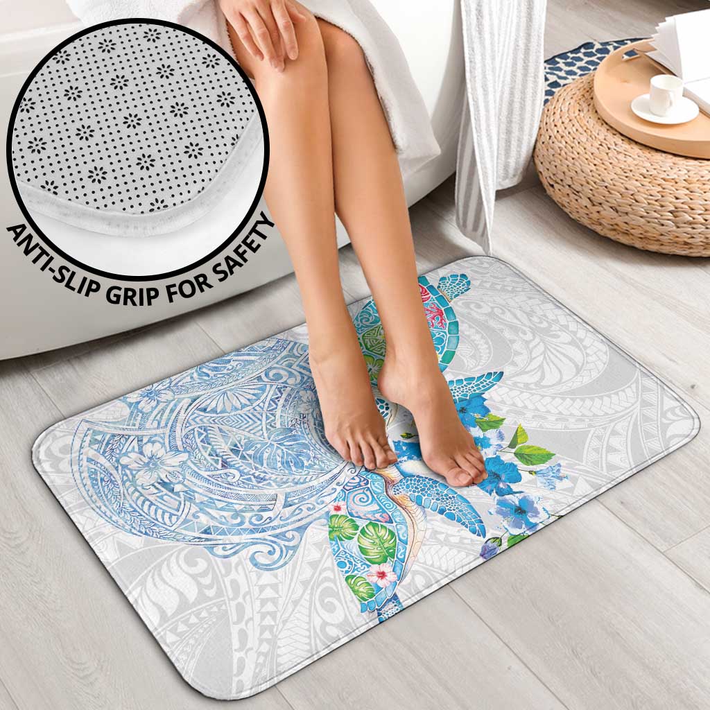 Hawaiian Couple Turtles Honi Bathroom Set Polynesian Art Motifs and Hibiscus White Blue Color - Polynesian Pride