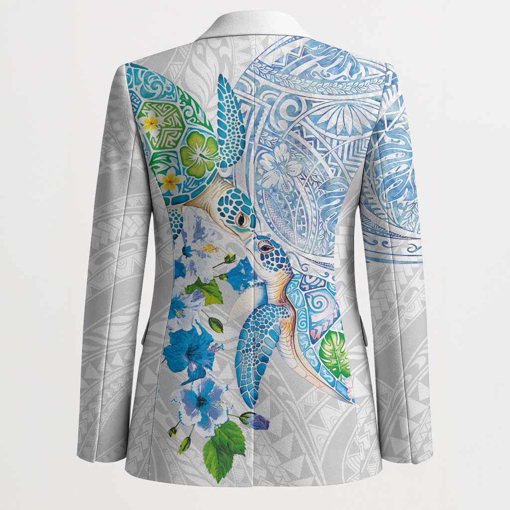 Hawaiian Couple Turtles Honi Blazer Polynesian Art Motifs and Hibiscus White Blue Color - Polynesian Pride