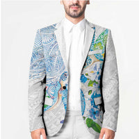 Hawaiian Couple Turtles Honi Blazer Polynesian Art Motifs and Hibiscus White Blue Color - Polynesian Pride