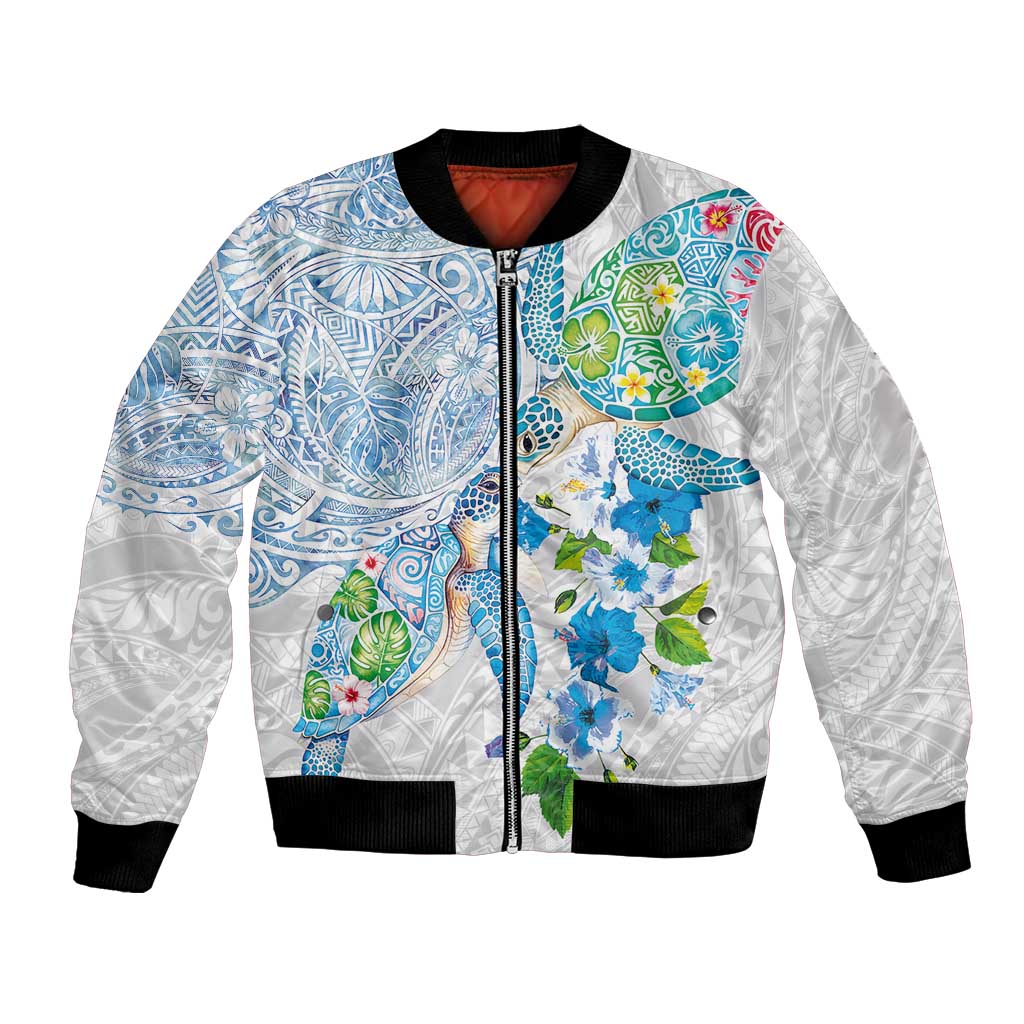Hawaiian Couple Turtles Honi Bomber Jacket Polynesian Art Motifs and Hibiscus White Blue Color - Polynesian Pride