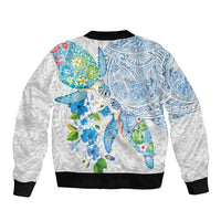 Hawaiian Couple Turtles Honi Bomber Jacket Polynesian Art Motifs and Hibiscus White Blue Color - Polynesian Pride