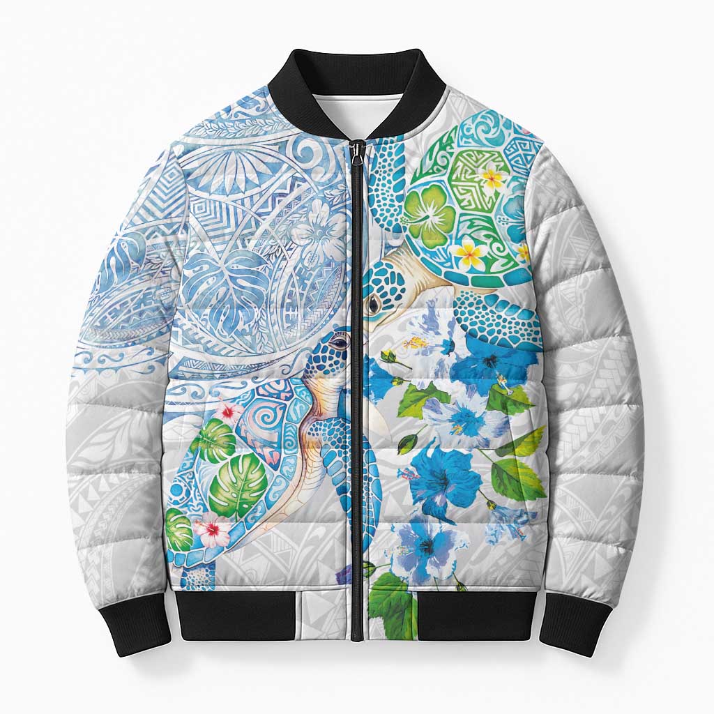 Hawaiian Couple Turtles Honi Bomber Puffer Jacket Polynesian Art Motifs and Hibiscus White Blue Color - Polynesian Pride