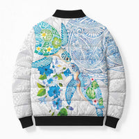 Hawaiian Couple Turtles Honi Bomber Puffer Jacket Polynesian Art Motifs and Hibiscus White Blue Color - Polynesian Pride