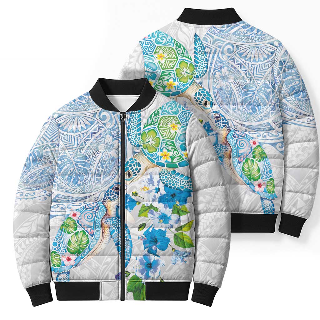 Hawaiian Couple Turtles Honi Bomber Puffer Jacket Polynesian Art Motifs and Hibiscus White Blue Color - Polynesian Pride