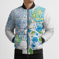 Hawaiian Couple Turtles Honi Bomber Puffer Jacket Polynesian Art Motifs and Hibiscus White Blue Color - Polynesian Pride